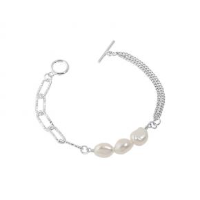 Baroque Freshwater Pearl OT Buckle Double Chain S925 Sterling Silver Bracelet