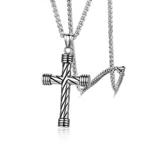 Men's Striped Cross Stainless Steel Die Cast Cross Pendant Necklace