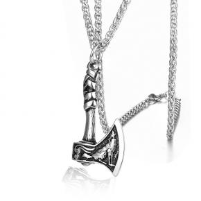 Viking Celtic Wolf Axe Stainless Steel Pendant Necklace