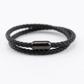 4-Color Braided Double Layer Leather Black Magnetic Buckle Bracelet