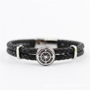 Navy Style Anchor Stainless Steel Double Layer Leather Bracelet