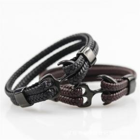 Men's Black Gold Plated Anchor Stainless Steel Leather Bracelet