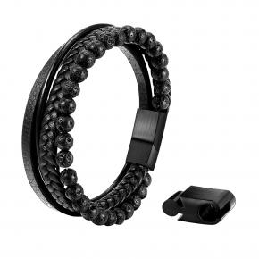 Hot selling Leather Braided Nature Lava  Stone Stainless Steel Bracelet