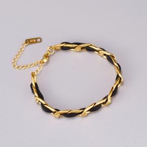 Fashion Design 18K Gold Plated Vintage Leather Cord Stainless Steel Bracelet