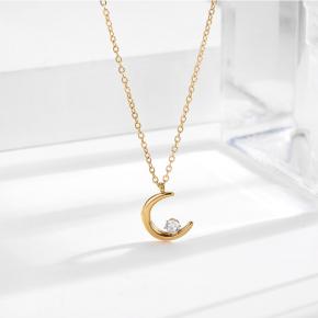 Moon Solitaire Diamond Necklace in 18k Gold Plated Stainless Steel