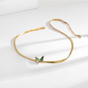 Delicate Snake Bone Chain Green Butterfly 18k Gold Stainless Steel Necklace